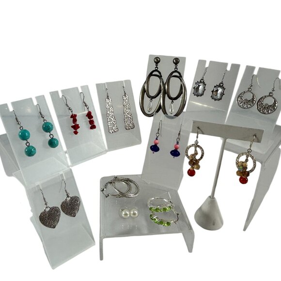 Mixed Lot 12 Earrings Dangle Hoops Beaded Silver Tone Faux Pearl Studs Hearts - Picture 1 of 16